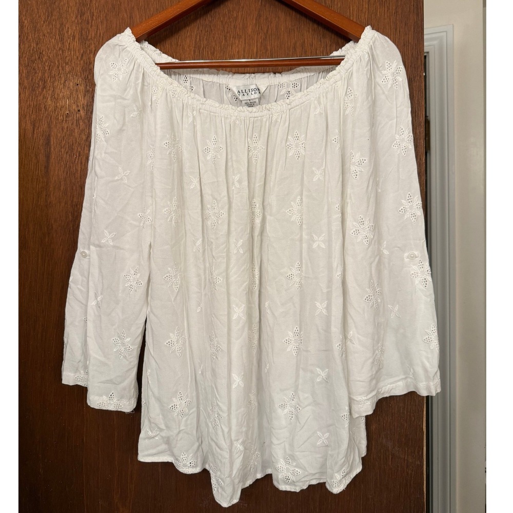 Allison Taylor Women White Eyelet Off Shoulder Rayon Blouse Large Floral Boho